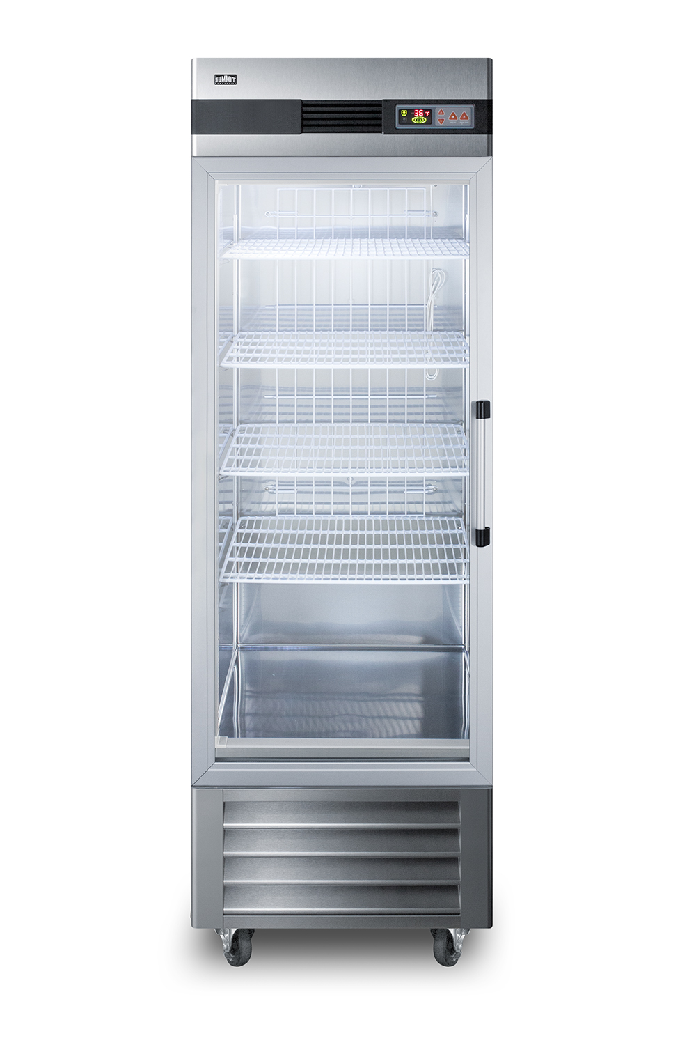 23 cu.ft. commercial reach-in refrigerator in complete stainless steel with glass door and left hand door swing
